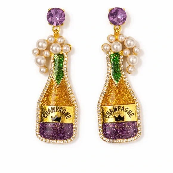 Champagne Bottle Statement Earrings Pearl Purple Crystal Rhinestone Dangles - Picture 1 of 4